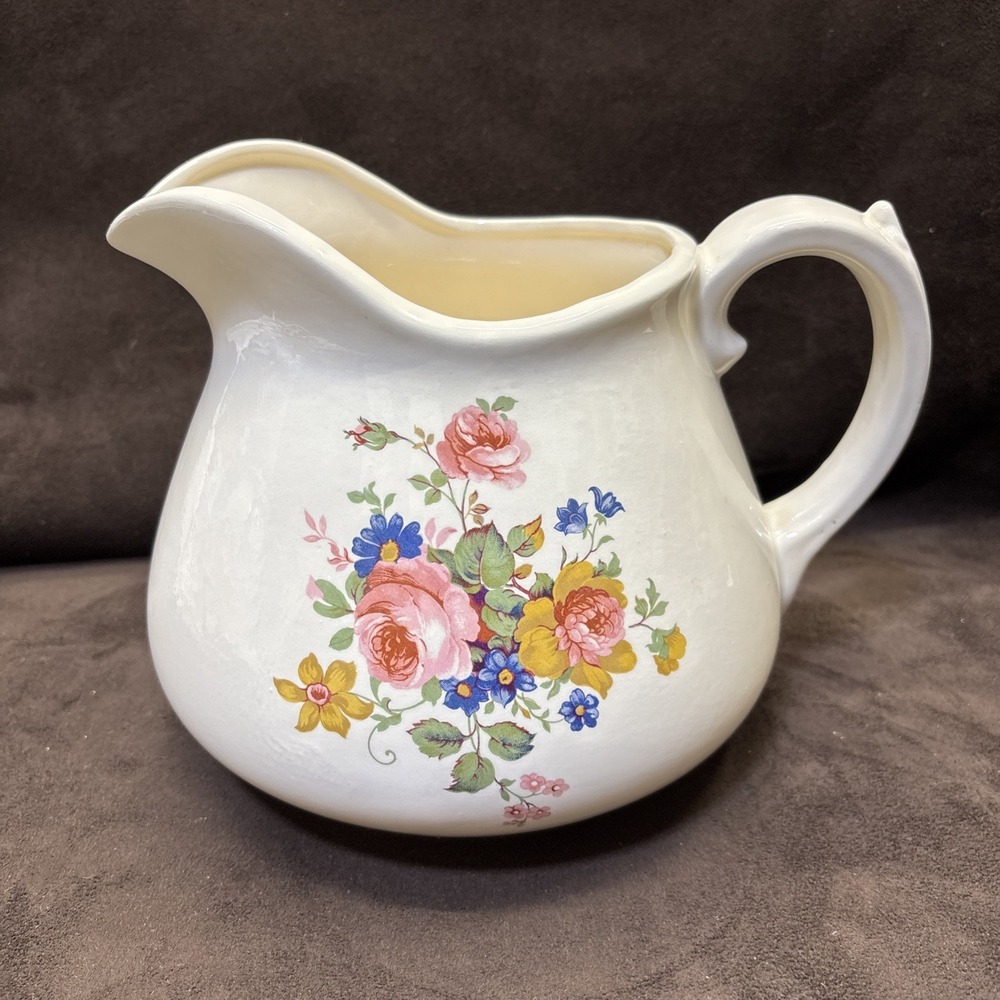 Vtg American Artwork Pitcher Pink Roses BlueYellow Flower Farmhouse Edna Bullock